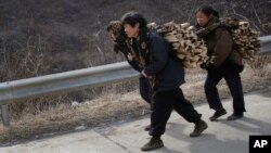 In this Feb. 19, 2016, photo, North Korean women carry firewood as they walk along a highway in Sinpyong county in North Hwanghae province, North Korea. 