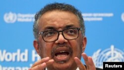 Director-General of the WHO Tedros Adhanom Ghebreyesus speaks during the news conference on the novel coronavirus in Geneva, Switzerland Feb. 11, 2020.