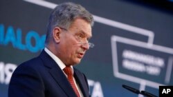 Finnish President Sauli Niinisto addresses a session of the International Arctic Forum in Arkhangelsk, Russia, March 30, 2017. 