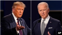Presiden Donald Trump, kiri, dan mantan Wakil Presiden Joe Biden terlihat selama debat calon presiden AS pertama di Case Western University dan Cleveland Clinic, di Cleveland, Ohio, 29 September 2020. (Foto: AP)