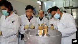 Inspektur IAEA yang tidak diketahui namanya dan para teknisi Iran memotong hubungan antara dua tabung untuk keperluan pengayaan uranium 20 persen di fasilitas nuklir Natanz (foto: AP Photo/IRNA, Kazem Ghane) 