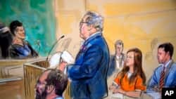 Phác thảo phiên xử ngày 18/7/2018 tại tòa án liên bang ở Washington, bà Maria Butina, áo màu cam, 29 tuổi, một nhà hoạt động ủng hộ quyền mang súng, bị nghi là nhân viên hoạt vụ Nga.