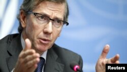 Utusan khusus PBB untuk Libya, Bernardino Leon berbicara dalam pertemuan di Jenewa, Swiss (11/8).