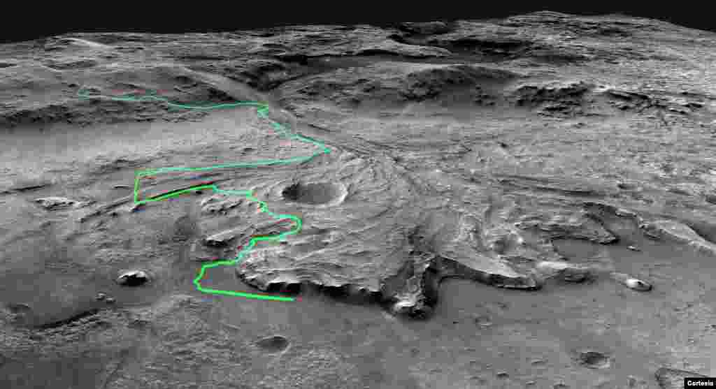 Posible ruta que el Perseverance podr&#237;a tomar a trav&#233;s del cr&#225;ter Jezero. La ruta comienza en los acantilados que definen la base de un delta producido por un r&#237;o que desemboca en un lago que una vez llen&#243; el cr&#225;ter. [Foto NASA/JPL-Calt]
