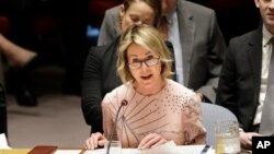 L'ambassadeur des États-Unis auprès des Nations unies, Kelly Craft, s'exprime lors d'une réunion du Conseil de sécurité au siège des Nations unies, le 11 février 2020.